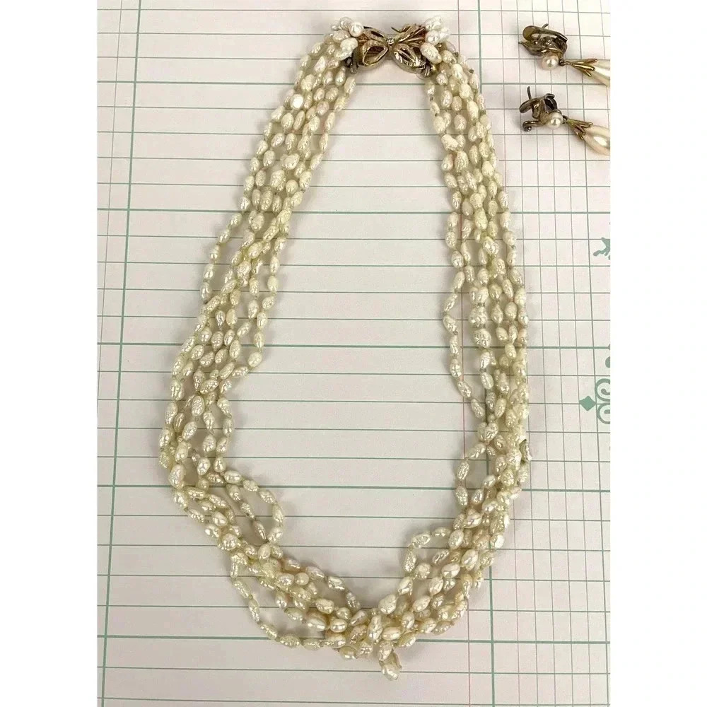 VTG 10k Gold Rice Pearl‎ 6 Strand Necklace with 925 Dangle Earrings 18" Long